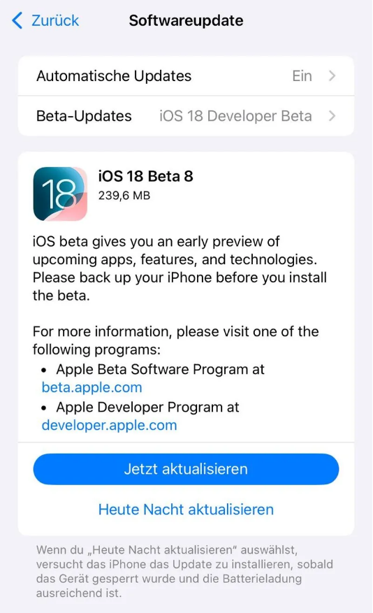 牟平苹果手机维修分享苹果 iOS / iPadOS 18 开发者预览版 Beta 8 发布 